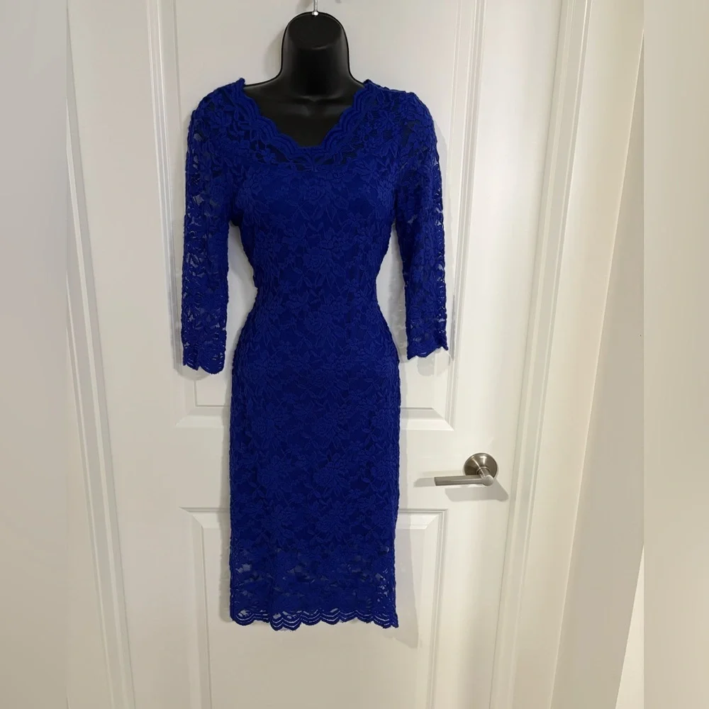 Chic Royal Blue Lace Asymmetrical Dress - Picture 4 of 4